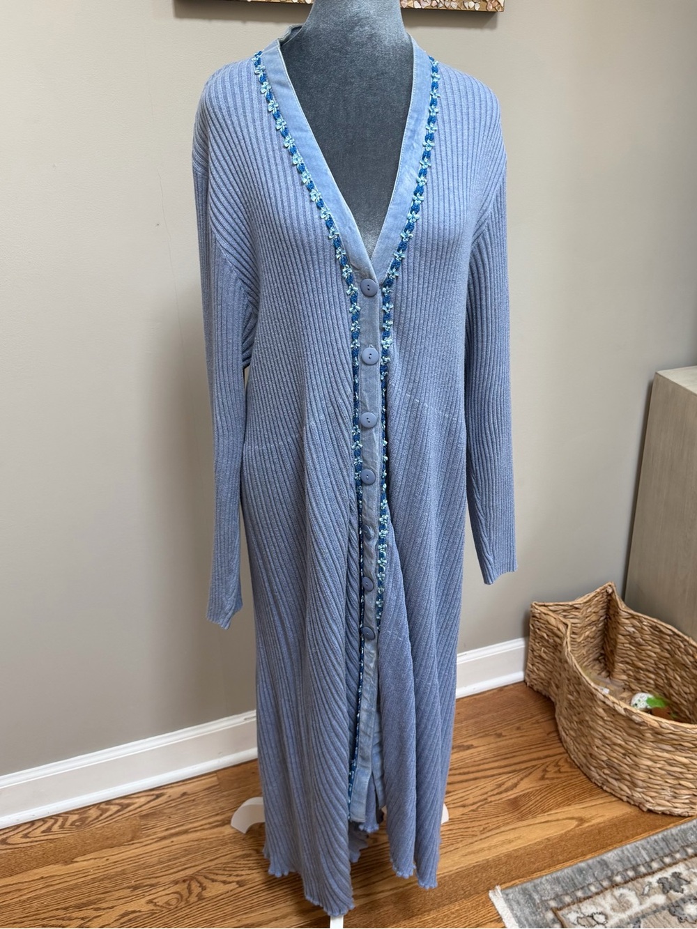 Vintage April too! Cornell long sweater coat duster cardigan blue velvet floral